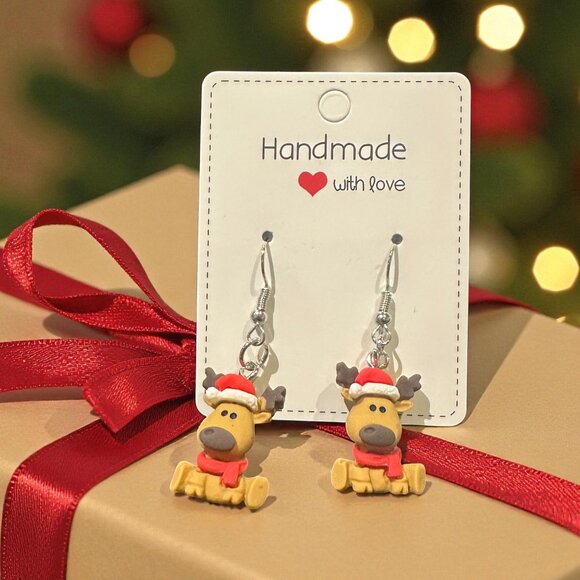 Handmade Reindeer Earrings | Christmas Earrings | Polymer Clay Holiday Jewelry - Picture 1 of 6